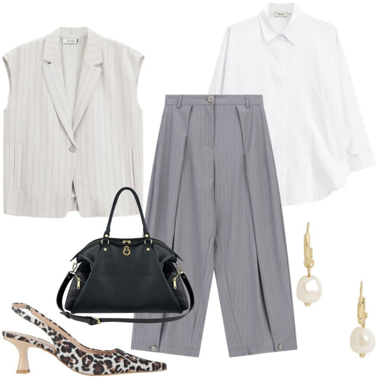Outfit donna - Chic urbano. Stile Chic per Ufficio. Abbinamento con décolleté, pantaloni a palazzo, camicie, gilet, shopping bag, orecchini.