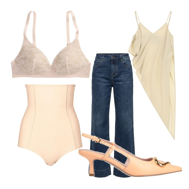 Outfit donna - Festa del paese. Stile Casual chic per Serata fuori. Abbinamento con décolleté, culotte, top, jeans, reggiseni.