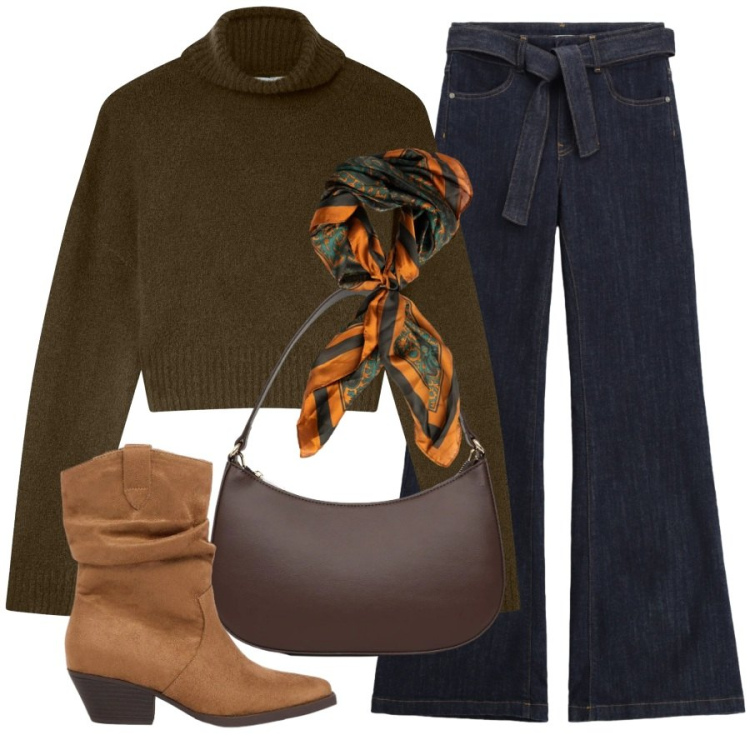 Outfit donna - Amo l\'autunno. Stile Casual chic per Ufficio. Abbinamento con stivaletti texani, maglieria, borse a tracolla, jeans a zampa, foulard.