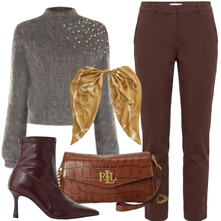 Outfit donna - Armonia ed eleganza. Stile Sporty chic per Serata fuori. Abbinamento con pantaloni, stivaletti, maglieria, portafogli, foulard.