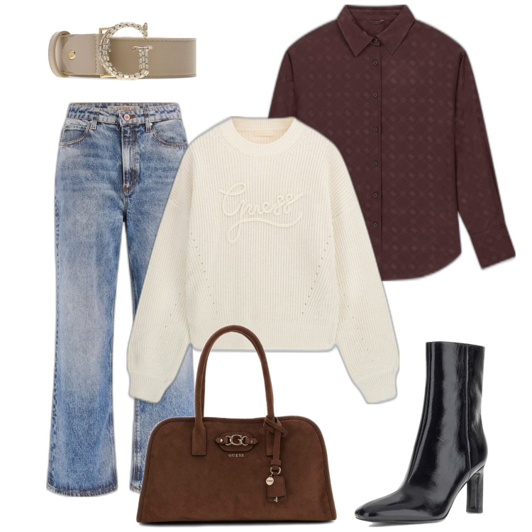 Outfit mujer - Casual #8493. Estilo Casual para Todos los días. Combinación con vaqueros pata de elefante, bolsos de mano, camisas, cinturones, prendas de punto, botas.