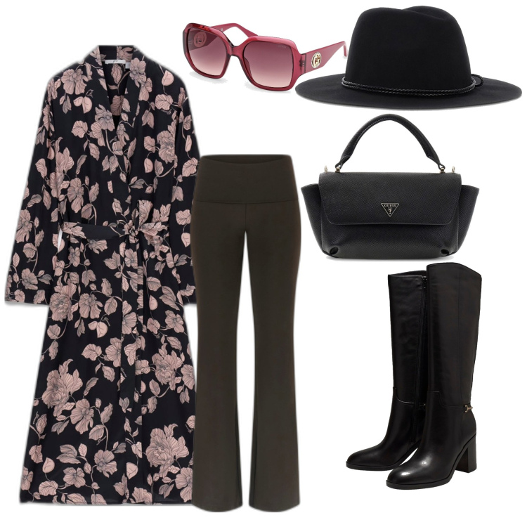 Outfit mujer - Casual #8494. Estilo Casual para Todos los días. Combinación con leggings, gafas de sol, bolsos de mano, botas, quimono, sombreros.