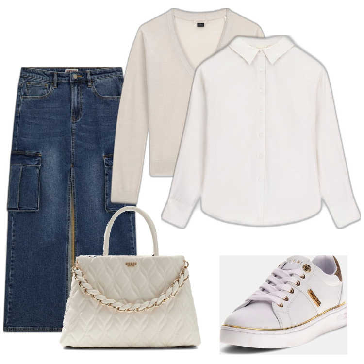 Outfit mujer - Casual #8496. Estilo Casual para Todos los días. Combinación con sneakers, camisas, falda longuette, bolsos de hombro, prendas de punto.