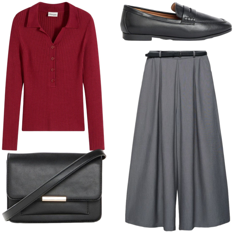 Outfit donna - I capi indispensabili in autunno. Stile Trendy per Tutti i giorni. Abbinamento con maglieria, mocassini, borse a tracolla, pantaloni.