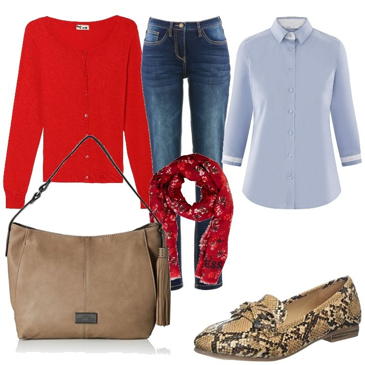 Outfit donna - Trendy #6401. Stile Trendy per Ufficio. Abbinamento con jeans dritti, camicetta aderente blu, cardigan a maniche lunghe con bottoni rosso, mocassini marrone, borsa a mano cartella beige e grigio, sciarpa con stampa e frange rosso.
