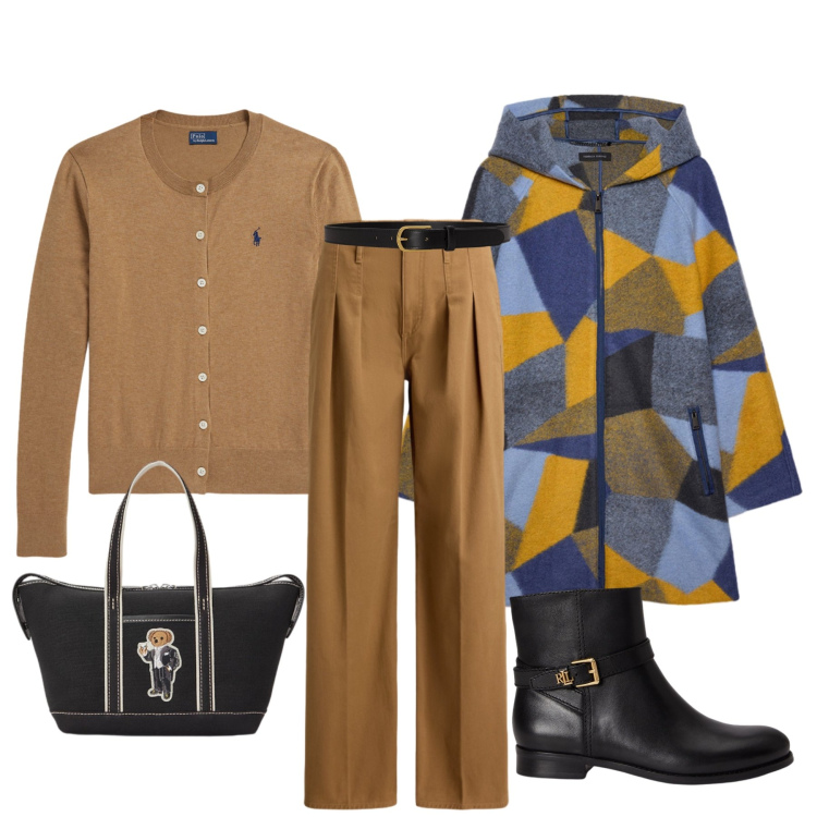 Outfit donna - Colori caldi in città. Stile Chic per Tutti i giorni. Abbinamento con cappotti, cardigans, stivaletti, cinture, pantaloni, borse tote.