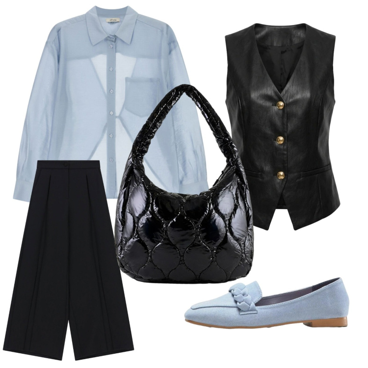 Outfit donna - Sky and leather. Stile Urban per Ufficio. Abbinamento con mocassini, pantaloni a palazzo, camicie, borse tote, gilet.