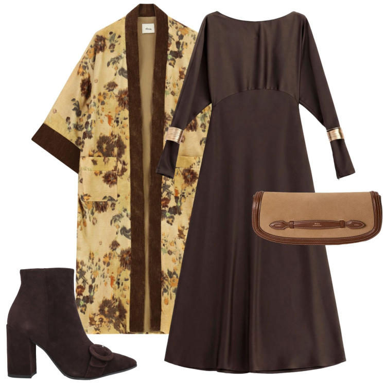 Outfit donna - Serata evento. Stile Chic per Serata fuori. Abbinamento con stivaletti, vestiti lunghi, kimono, clutch.