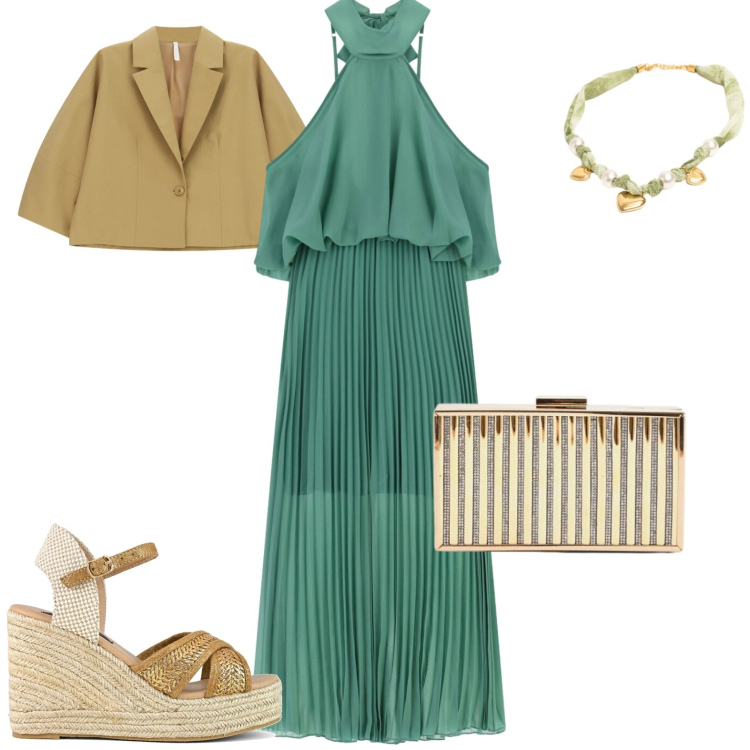 Outfit donna - Settembre oro e smeraldo. Stile Chic per Serata fuori. Abbinamento con blazer, vestiti lunghi, clutch, collane, zeppe.