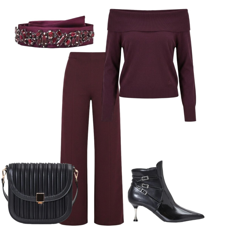 Outfit donna - Bordeaux. Stile Trendy per Tutti i giorni. Abbinamento con borse a tracolla, stivaletti, pantaloni, cinture, maglieria.