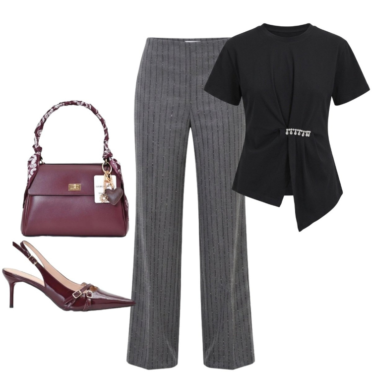 Outfit donna - Al ristorante. Stile Glamour per Serata fuori. Abbinamento con pantaloni, décolleté, borse a mano, t-shirt.