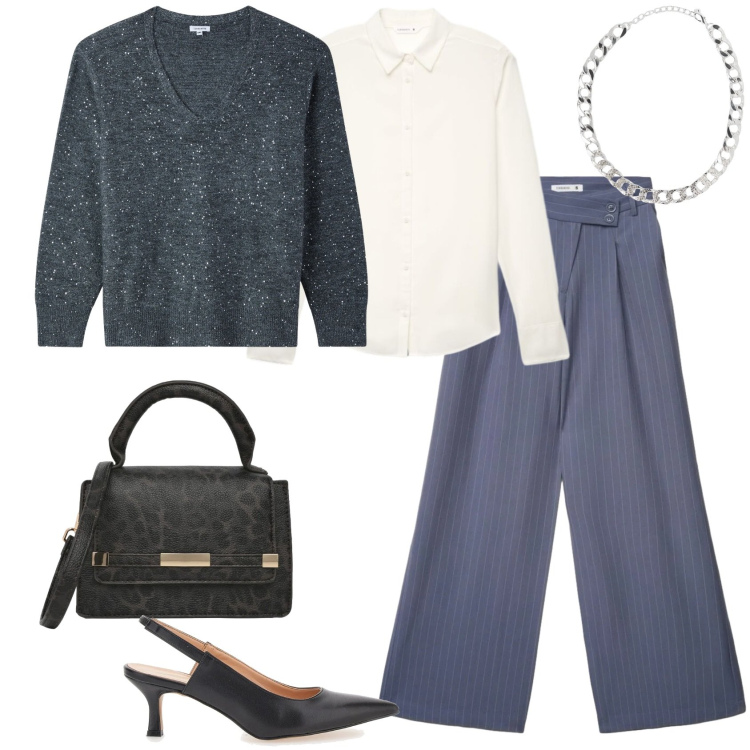 Outfit donna - Terranova - Curvy back to. Stile Casual chic per Ufficio. Abbinamento con collane, maglieria, pantaloni, borse a tracolla, camicie, décolleté.