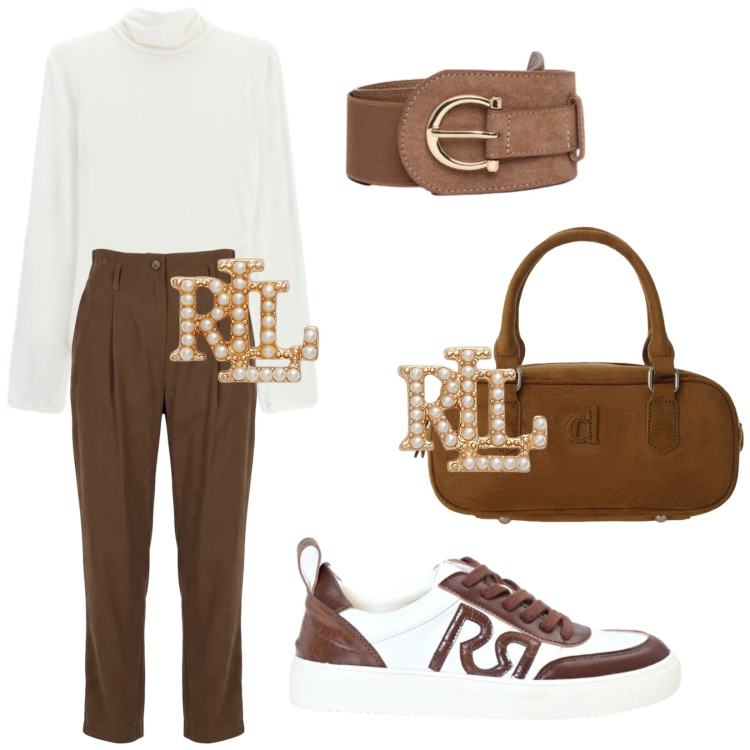 Outfit donna - Ti va un giro?. Stile Casual chic per Tutti i giorni. Abbinamento con t-shirt, borse a mano, sneakers, cinture, pantaloni, orecchini.