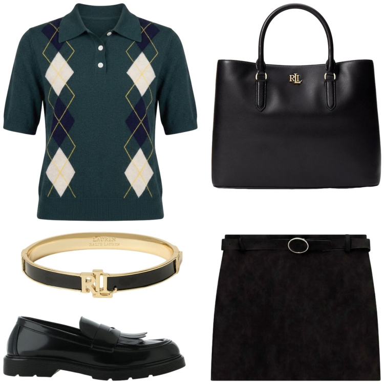 Outfit donna - Very British style. Stile Preppy per Scuola/Università. Abbinamento con maglieria, minigonne, mocassini, borse a mano, braccialetti.