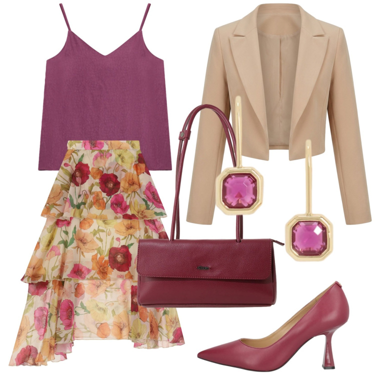 Outfit donna - Lorenza. Stile Chic per Cerimonia. Abbinamento con décolleté, gonne longuette, borse a spalla, top, bolero, orecchini.