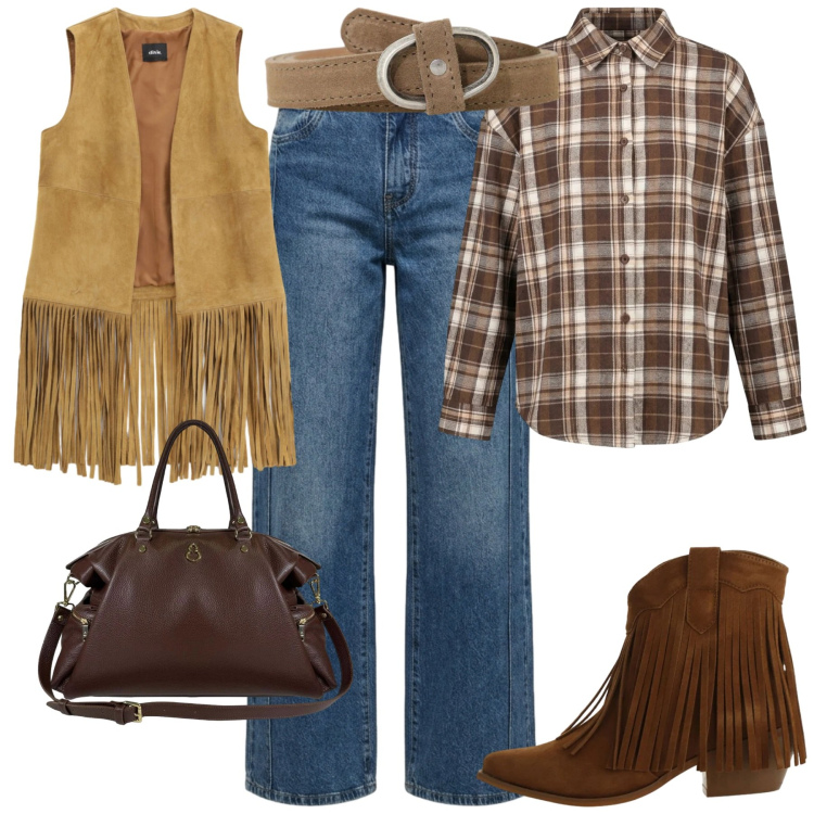 Outfit donna - Speciale accessori suede. Stile Etnico per Tutti i giorni. Abbinamento con stivaletti texani, gilet, cinture, borse a spalla, camicie, jeans.