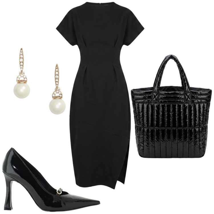 Outfit donna - Il tubino rivisitato. Stile Chic per Tutti i giorni. Abbinamento con décolleté, borse a mano, vestiti midi/longuette, orecchini.