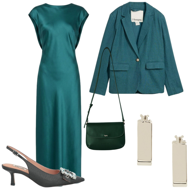 Outfit donna - Cerimonia inizio autunno. Stile Chic per Cerimonia. Abbinamento con décolleté, blazer, borse a tracolla, orecchini, vestiti lunghi.
