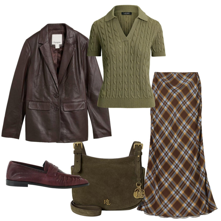 Outfit donna - Autunno alle porte. Stile Casual per Ufficio. Abbinamento con blazer, gonne lunghe, mocassini, polo, borse a tracolla.
