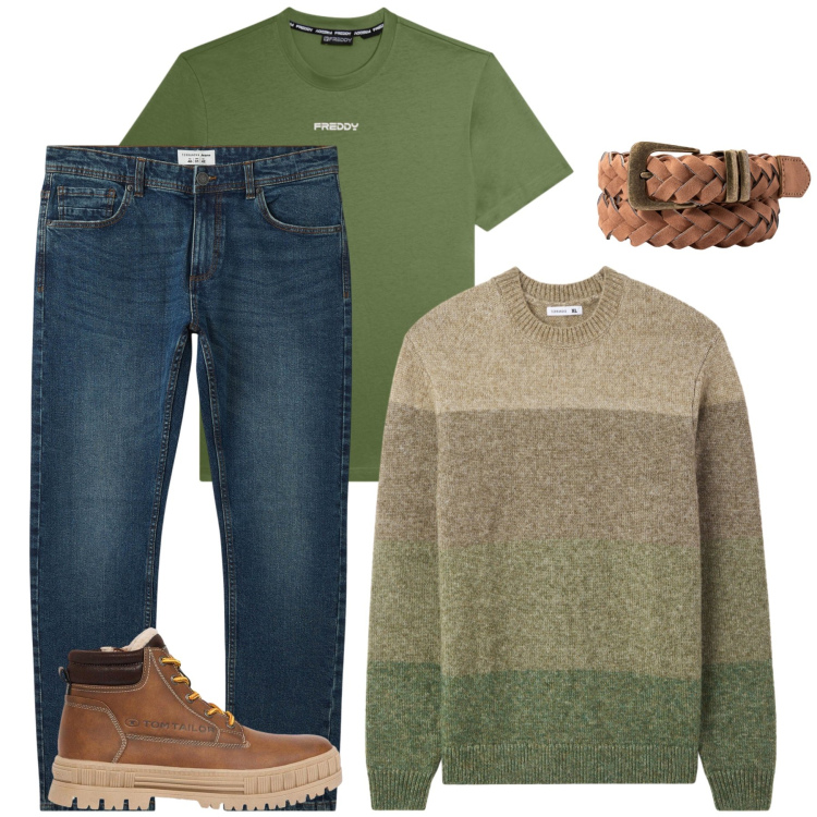 Outfit uomo - Total look #2471163. Stile Urban per Tutti i giorni. Abbinamento con stivali e stivaletti, jeans, maglieria, cinture, t-shirt.