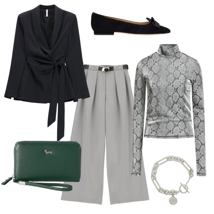 Outfit donna - Per chi ama il grigio. Stile Glamour per Ufficio. Abbinamento con top, portafogli, blazer, pantaloni a palazzo, braccialetti, ballerine.