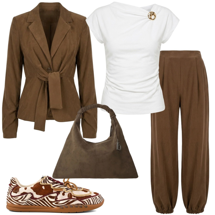 Outfit donna - Autunno alle porte. Stile Casual chic per Ufficio. Abbinamento con borse a spalla, pantaloni a palazzo, t-shirt, blazer, sneakers.