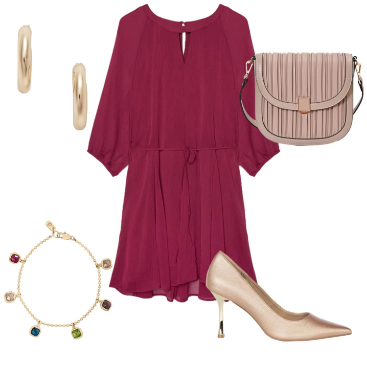 Outfit donna - Leggera e disinvolta. Stile Chic per Serata fuori. Abbinamento con borse a tracolla, décolleté, vestiti corti, orecchini, braccialetti.
