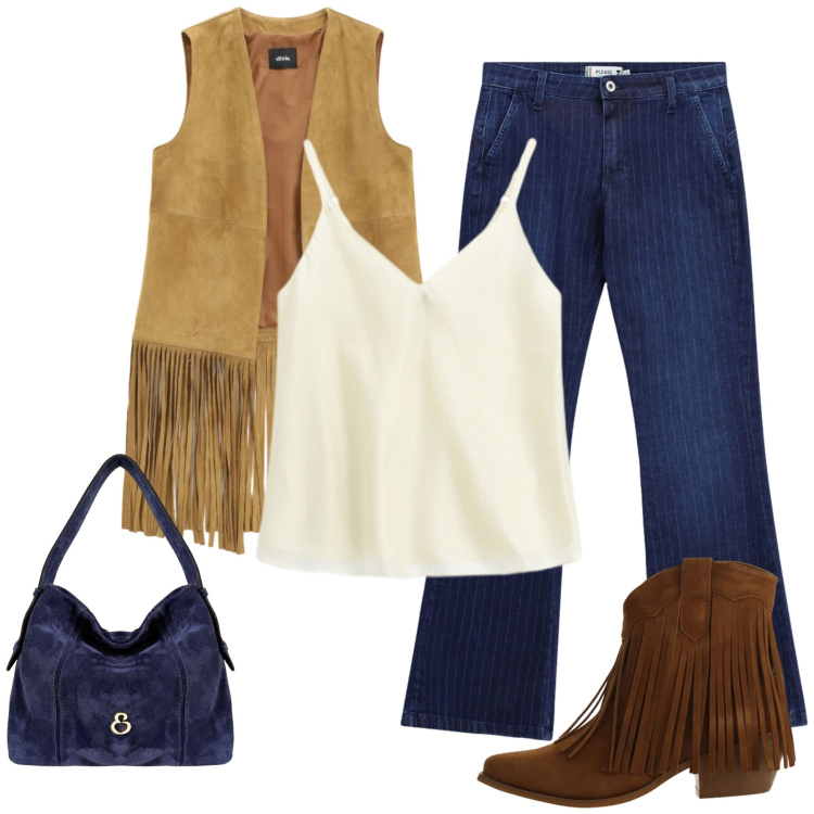 Outfit donna - Total look #2471169. Stile Glamour per Tutti i giorni. Abbinamento con stivaletti texani, top, gilet, jeans a zampa, borse a spalla.