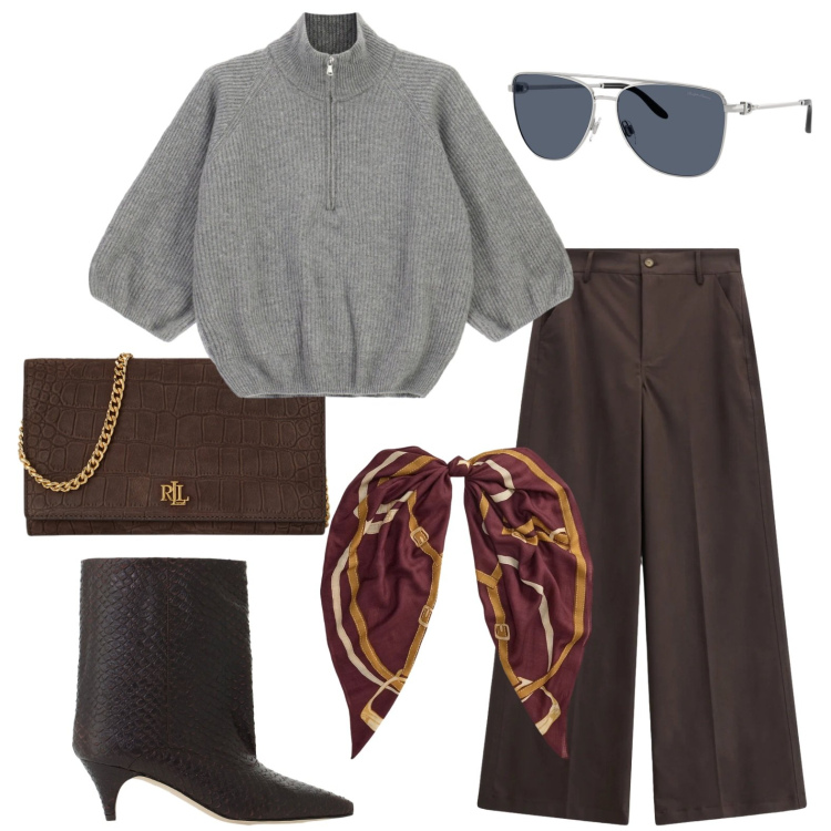 Outfit donna - Oggi splende il sole. Stile Casual chic per Tutti i giorni. Abbinamento con stivali, pantaloni a palazzo, maglieria, occhiali da sole, borse a tracolla, foulard.