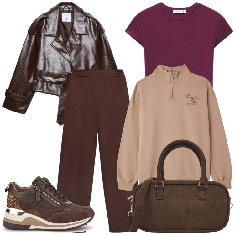 Outfit donna - Total look #2471171. Stile Casual chic per Scuola/Università. Abbinamento con felpe, pantaloni, borse a tracolla, trench, t-shirt, sneakers alte.