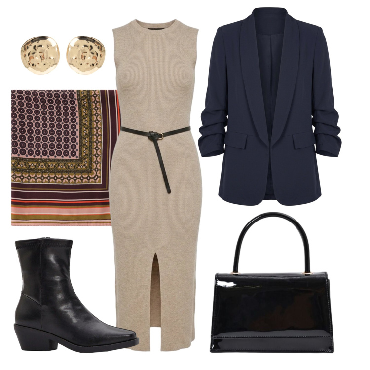 Outfit donna - Settembre. Stile Trendy per Tutti i giorni. Abbinamento con stivaletti, orecchini, foulard, borse a mano, blazer, vestiti midi/longuette.