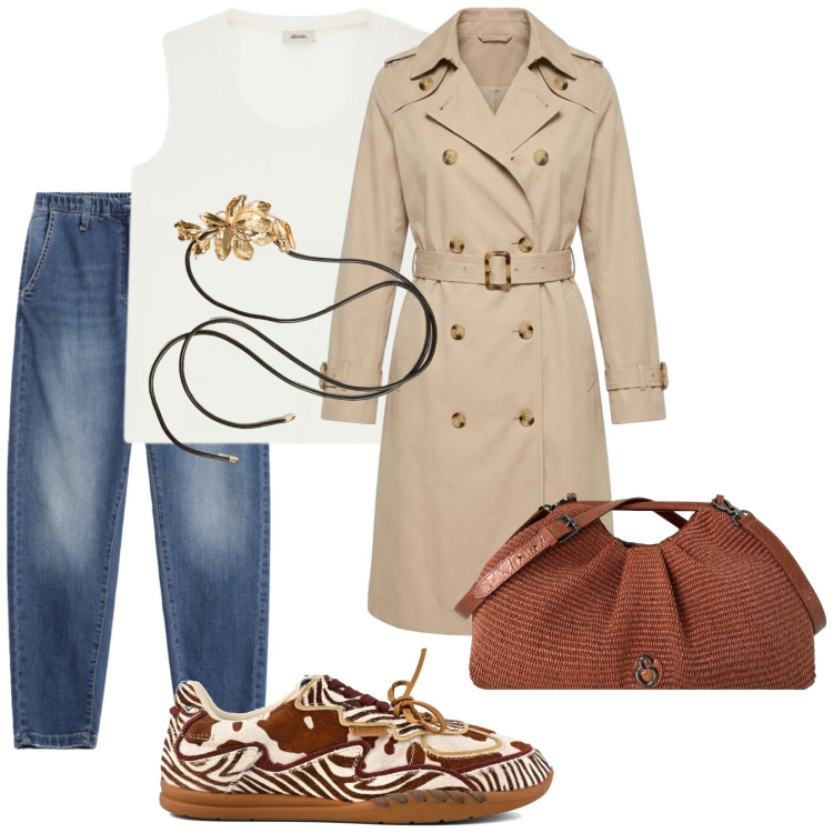 Outfit donna - Total look #2471178. Stile Trendy per Tutti i giorni. Abbinamento con canottiere, jeans, clutch, trench, cinture, sneakers.