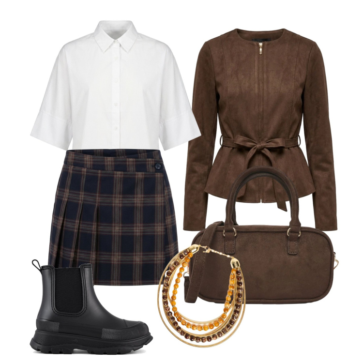 Outfit donna - Settembre. Stile Preppy per Tutti i giorni. Abbinamento con borse a tracolla, minigonne, blazer, collane, camicie, stivali.