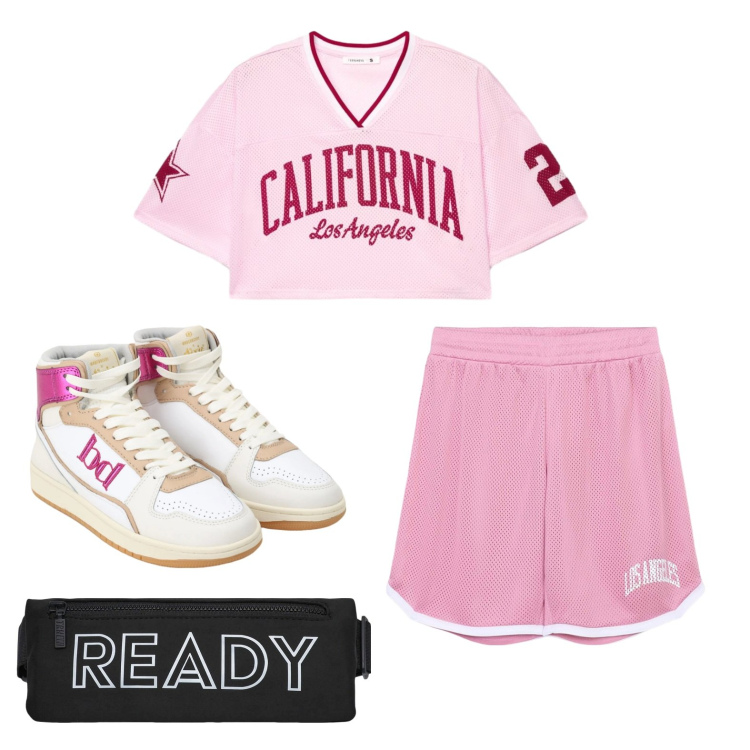 Outfit donna - Sport in rosa. Stile Basic per Sport. Abbinamento con sneakers alte, borse sportive, t-shirt sportive, pantaloncini sportivi.