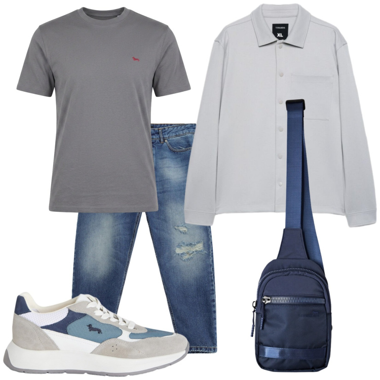 Outfit uomo - Total look #2471182. Stile Casual per Tutti i giorni. Abbinamento con sneakers, t-shirt, borse sportive, jeans strappati, camicie.
