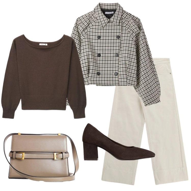 Outfit donna - Ufficio o aperitivo?. Stile Trendy per Tutti i giorni. Abbinamento con borse a tracolla, décolleté, jeans, caban, maglieria.
