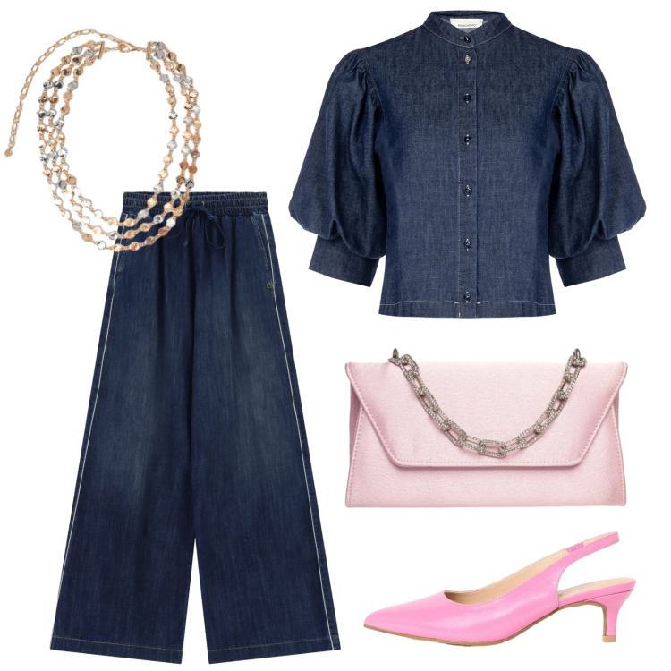 Outfit donna - Total denim e accessori rosa. Stile Trendy per Ufficio. Abbinamento con décolleté, camicie a manica corta, jeans, collane, pochette.