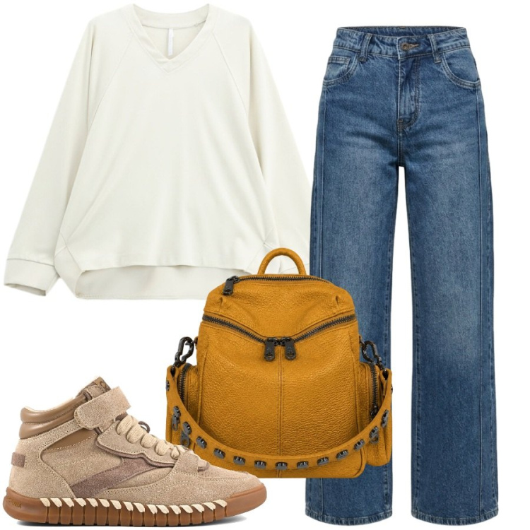 Outfit donna - Comoda a scuola. Stile Basic per Scuola/Università. Abbinamento con felpe, zaini, jeans, sneakers.