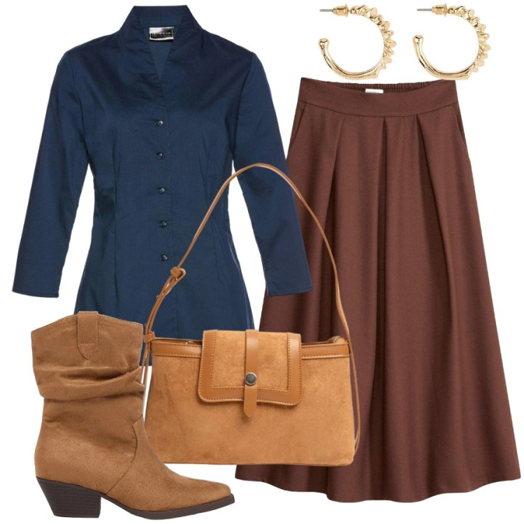 Outfit donna - La gonna a pieghe. Stile Sporty chic per Ufficio. Abbinamento con camicie, orecchini, stivaletti texani, gonne, borse a tracolla.