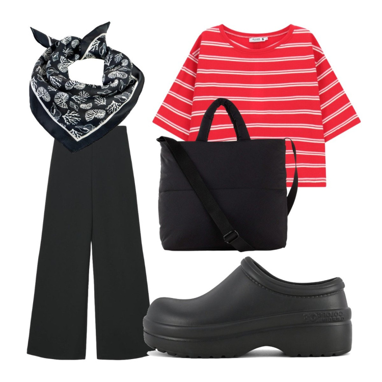 Outfit donna - Settembre. Stile Casual per Ufficio. Abbinamento con shopping bag, foulard, pantaloni a palazzo, t-shirt, zoccoli.