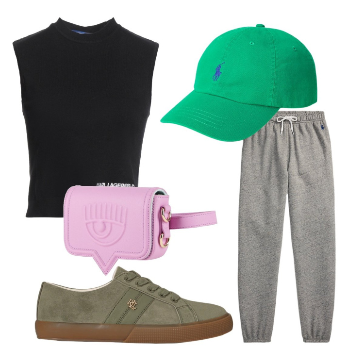 Outfit donna - Workout. Stile Sporty chic per Sport. Abbinamento con marsupi, pullovers, cappelli con visiera, pantaloni sportivi, sneakers.