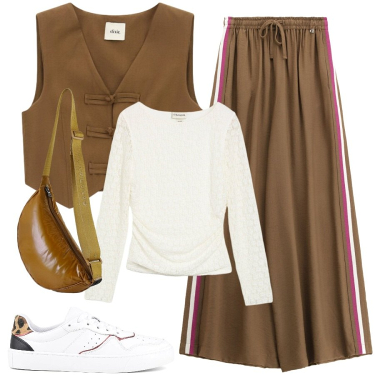 Outfit donna - Relax. Stile Casual per Tutti i giorni. Abbinamento con maglieria, pantaloni a palazzo, gilet, borse a tracolla, sneakers.