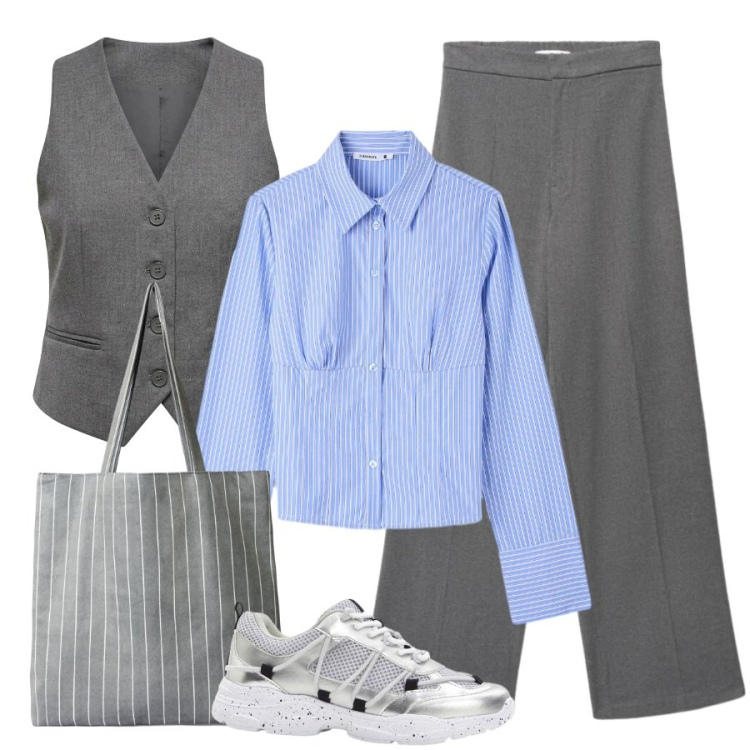 Outfit donna - In grigio. Stile Casual per Scuola/Università. Abbinamento con sneakers, pantaloni, shopping bag, camicie, gilet.