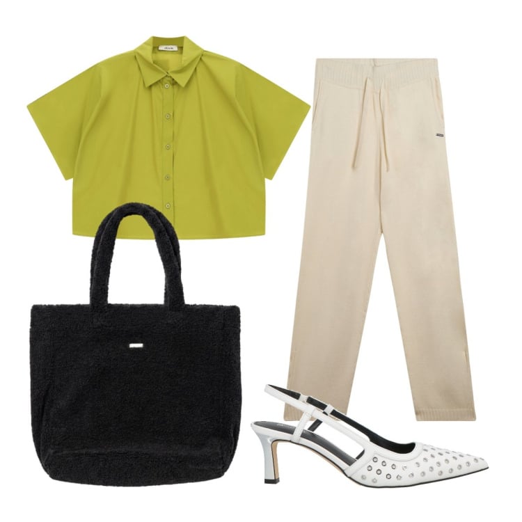 Outfit donna - Free time. Stile Sporty chic per Tutti i giorni. Abbinamento con décolleté, camicie a manica corta, pantaloni, borse a mano.