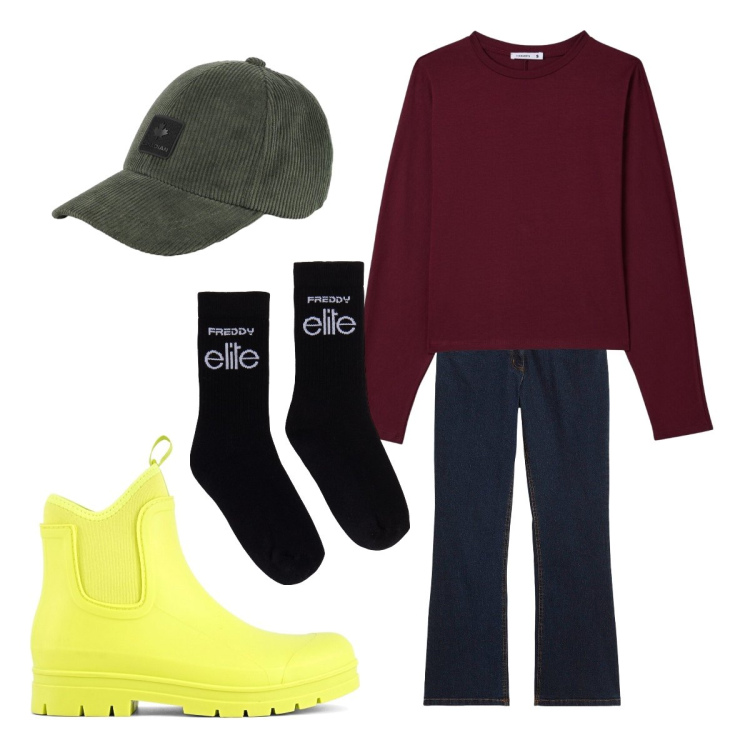 Outfit donna - Pioggia non ti temo. Stile Trendy per Tutti i giorni. Abbinamento con jeans bootcut, t-shirt, calzini, cappelli con visiera, stivali.