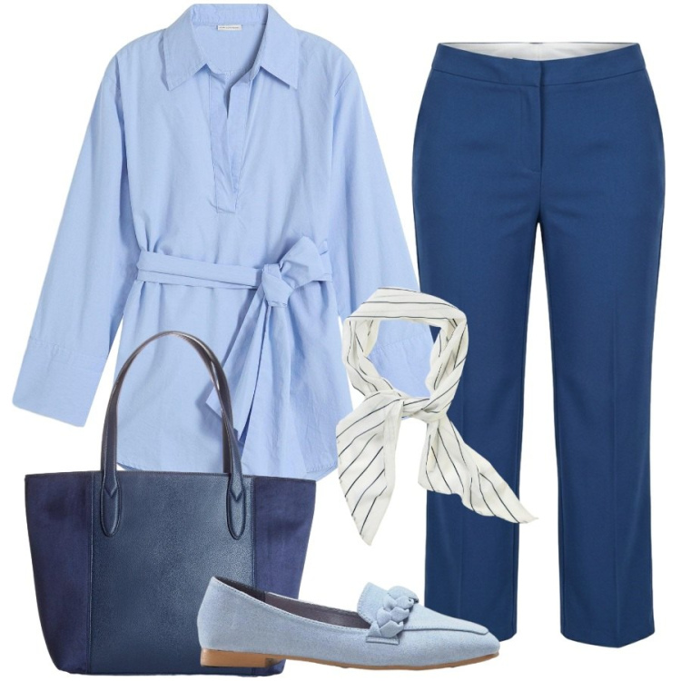 Outfit donna - Sfumature di blu. Stile Romantica per Ufficio. Abbinamento con camicie, mocassini, foulard, shopping bag, pantaloni.