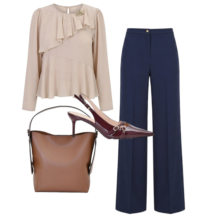 Outfit donna - Rinascimento - Dietro la trama FW26. Stile Bon Ton per Ufficio. Abbinamento con pantaloni a palazzo, bluse, borse a mano, décolleté.