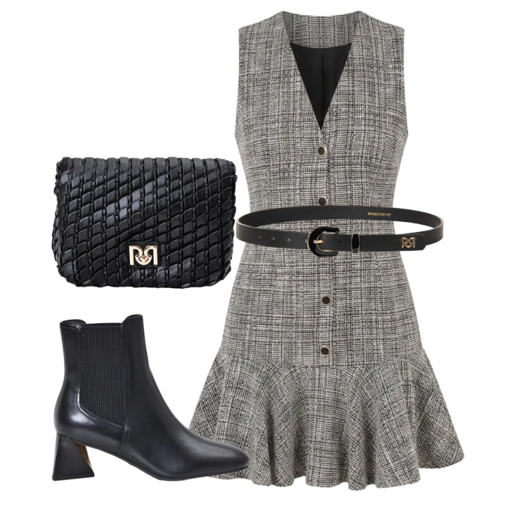 Outfit donna - Rinascimento - Dietro la trama FW26. Stile Bon Ton per Ufficio. Abbinamento con borse a tracolla, cinture, stivaletti, vestiti corti.