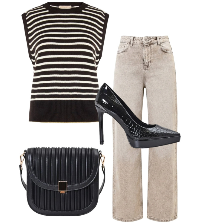 Outfit donna - Rinascimento - Dietro la trama FW26. Stile Bon Ton per Tutti i giorni. Abbinamento con borse a tracolla, décolleté, maglieria, jeans dritti.