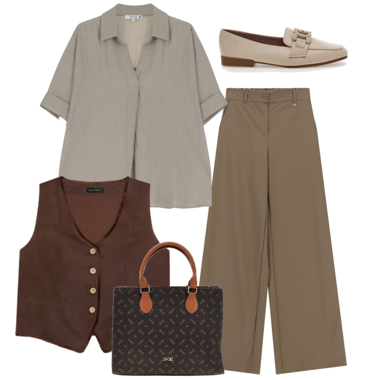 Outfit donna - Fall Collections. Stile Bon Ton per Ufficio. Abbinamento con pantaloni a palazzo, camicie a manica corta, gilet, mocassini, borse a mano.